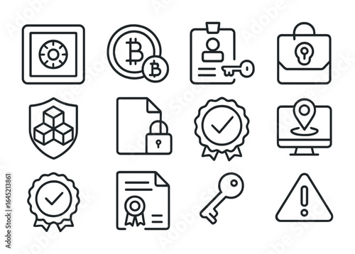 Digital Asset Icons. Outline icon set of digital asset protection: vault icon, token safe, access pass, secure