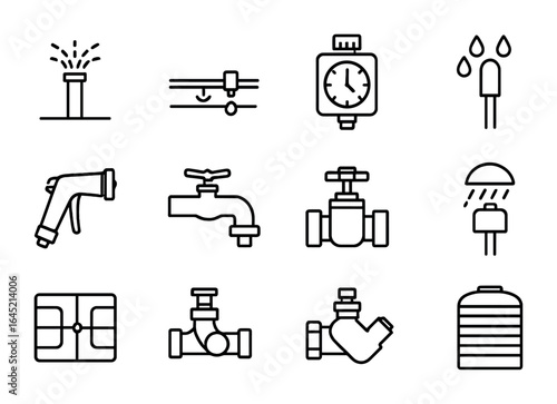 Irrigation Icon Set. Outline icon set of irrigation and watering systems: pop-up sprinkler, drip line,
