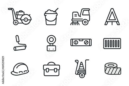 Urban Maintenance Icon Set. Outline icon set of urban street maintenance equipment: pavement saw, asphalt