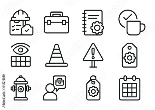 Road Crew Icons. Outline icon set of daily road crew tasks: equipment check, toolbox icon, repair logbook, job