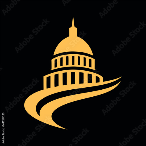 Golden capitol building dome with stylized swoosh on black background
