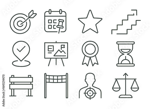 Goal Setting Icons. Outline icon set of goal setting and milestones: goal dart, calendar pin, priority star,