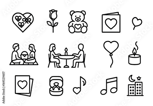 Valentine's Icon Set. Outline icon set of Valentine’s Day traditions worldwide: chocolate box, red rose, teddy