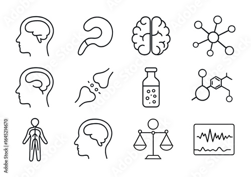 Trauma Brain Icon Set. Outline icon set of trauma-related brain structures: prefrontal cortex, hippocampus