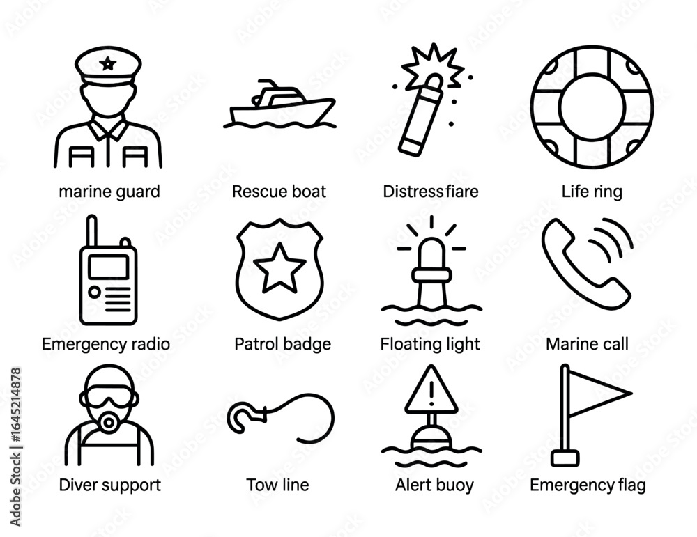 Fototapeta premium Sea Patrol Icons. Outline icon set of sea patrol and rescue: marine guard, rescue boat, distress flare, life