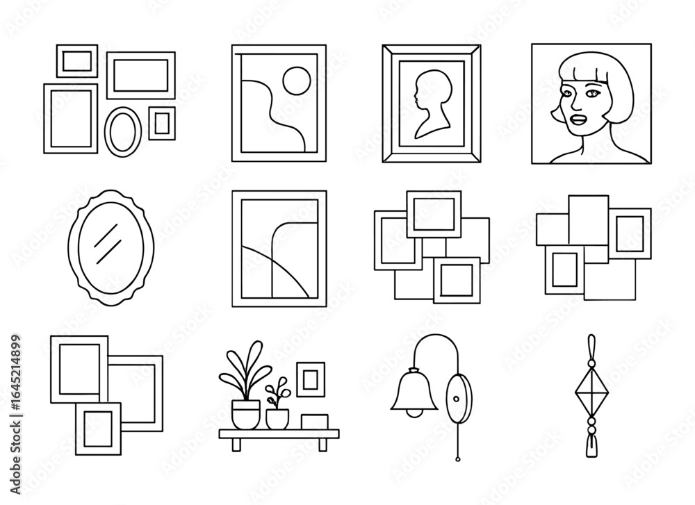 Fototapeta premium Maximalist Gallery Icon Set. Outline icon set of maximalist gallery wall curation: mismatched frames, abstract