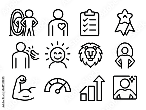 Confidence Icons Grid. Outline icon set of confidence building strategies: mirror pose, personal mantra,