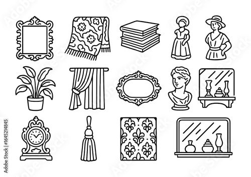 Maximalist Décor Icons. Outline icon set of maximalist home décor: baroque frame, patterned throw, stacked