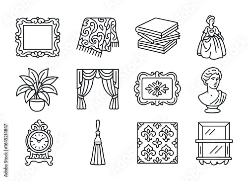 Maximalist Décor Icons. Outline icon set of maximalist home décor: baroque frame, patterned throw, stacked