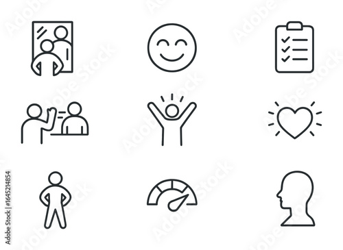 Confidence Icons Grid. Outline icon set of confidence building strategies: mirror pose, personal mantra,
