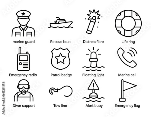 Sea Patrol Icons. Outline icon set of sea patrol and rescue: marine guard, rescue boat, distress flare, life