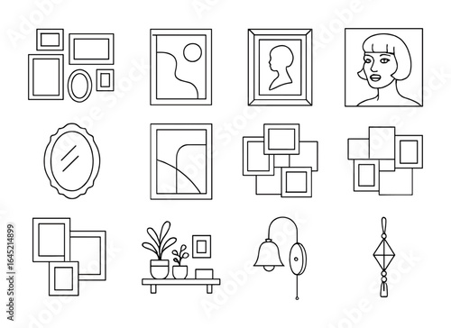 Maximalist Gallery Icon Set. Outline icon set of maximalist gallery wall curation: mismatched frames, abstract