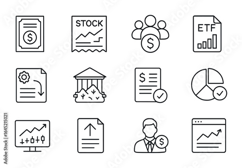 Financial Icons Grid. Outline icon set of financial instruments: bond coupon, equity stock, mutual fund, ETF