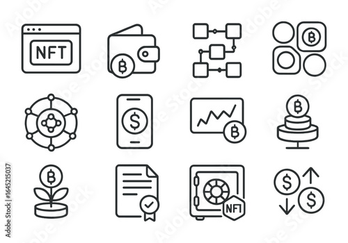Digital Asset Icon Set. Outline icon set of digital asset investment: NFT platform, digital wallet, blockchain
