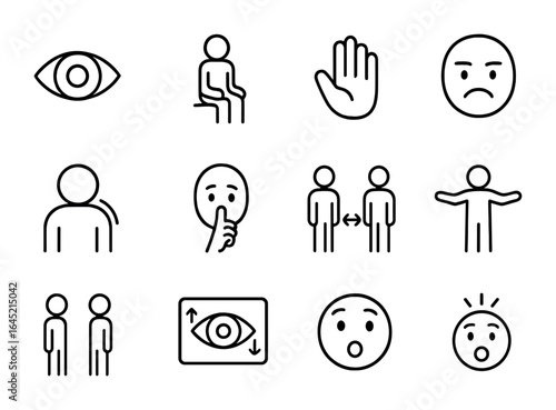 Non-Verbal Communication Icons. Outline icon set of non-verbal communication in teams: eye movement, posture