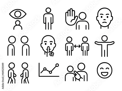Non-Verbal Communication Icons. Outline icon set of non-verbal communication in teams: eye movement, posture