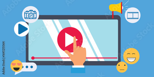 Vector illustration of a tablet held by a hand playing and rotating a video, perfect for content creator, video creator, social media.