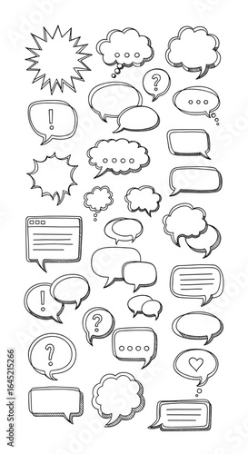 Collection of hand drawn doodle speech bubbles and conversation icons representing communication and dialogue