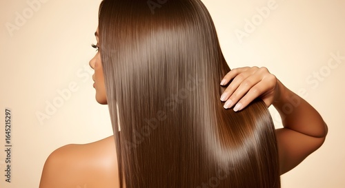 Brunette woman with long shiny straight hair posing in a studio setting