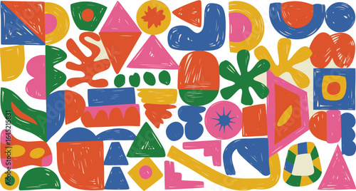 Colorful Abstract Geometric Shapes Pattern Playful Doodle Art with Triangles, Circles, Squares, and Organic Forms