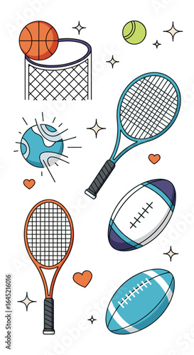 Diverse collection of sports equipment and balls on a white background with sparkling stars and hearts