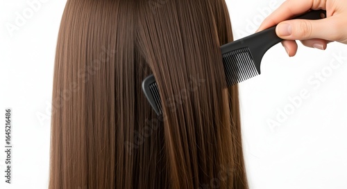 Combing long straight brown hair with a comb for hair care treatment