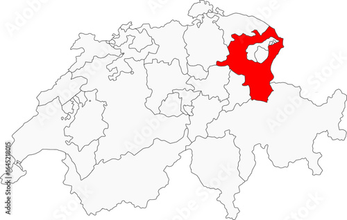 Map of Switzerland highlighting the canton of St. Gallen. Ideal for projects on its alpine landscapes, Lake Constance, and textile history.