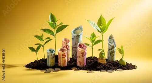 Investment growth concept depicting money and plants symbolizing financial success