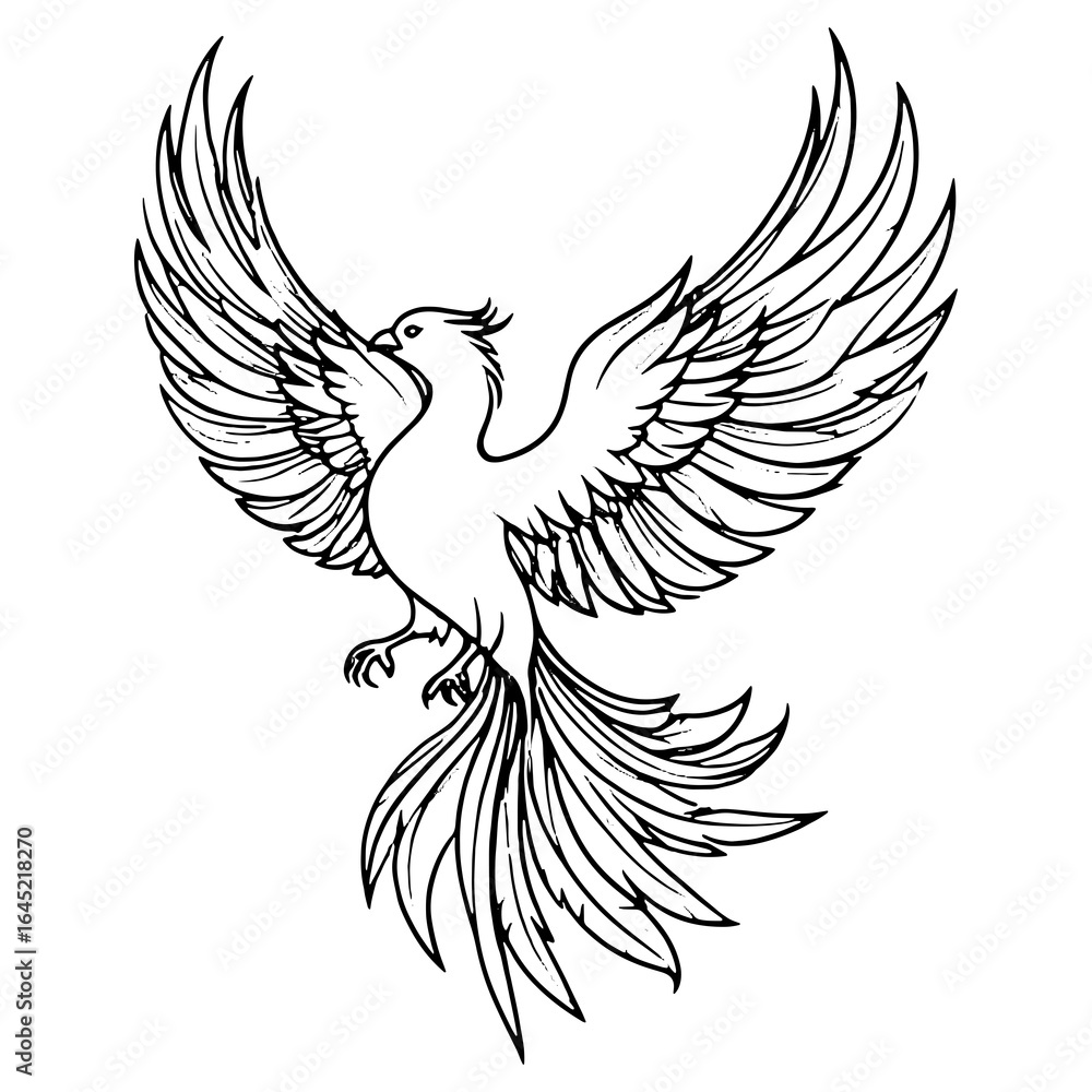 Obraz premium Phoenix Outline with Flame Feathers in Monochrome Tattoo Look