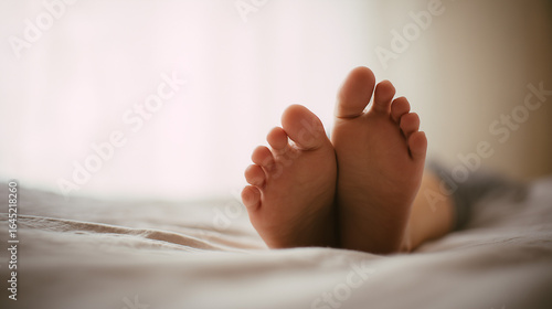 Close-up of human foot resting on soft fabric surface indoors. Health care concept
