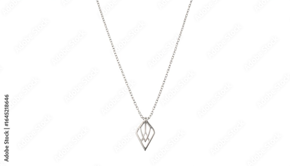 Silver Geometric Diamond Shaped Pendant Necklace on White Background