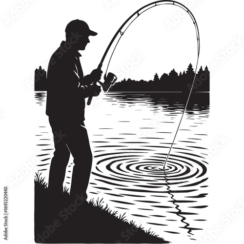 A solitary angler casts his rod on a calm lake, silhouetted against the setting sun