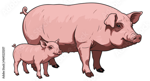 Mother Pig and Piglet Illustration Farm Animal Family