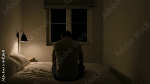 Male figure sitting on bed in dimly lit room, illuminated by bedside lamp, reflecting on thoughts, creating a contemplative and introspective atmosphere