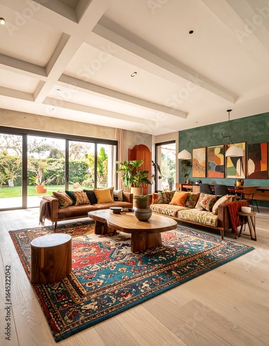 Spacious living area with large windows, hardwood floors, and a vibrant rug
