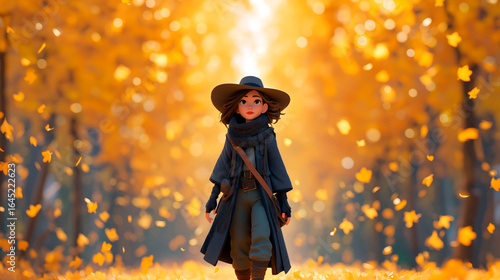 3d cartoon girl in blue coat and wide hat walking through golden autumn forest with falling leaves