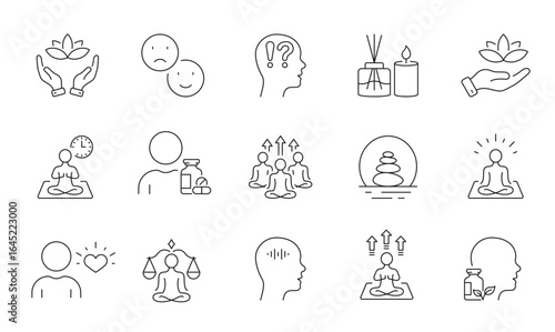 Spiritual, Inner Growth line icon set. Vector pictograms of mindfulness, personal transformation, enlightenment, crystal glow, meditation, universe, chakra strength, esoteric thin linear illustration