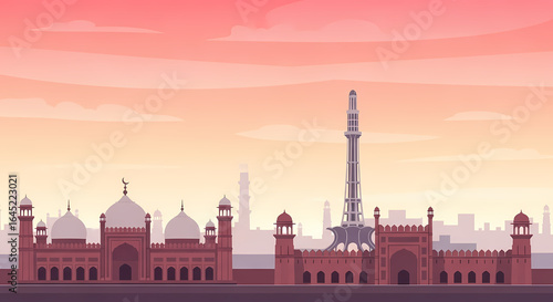 Stylized Lahore Skyline with Badshahi Mosque in Pastel Flat Vector Illustration Landmark in Pastel Flat Vector Illustration