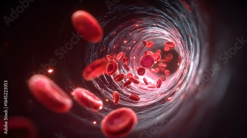 Detailed view of blood cells flowing through a blood vessel.