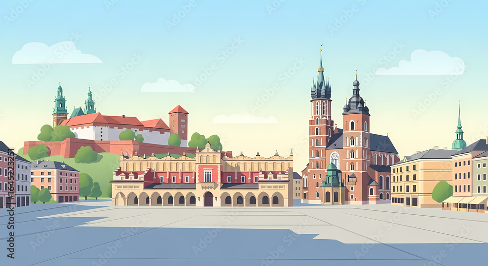 Fototapeta premium Stylized Krakow Skyline with Wawel Castle in Pastel Flat Vector Illustration Landmark in Pastel Flat Vector Illustration
