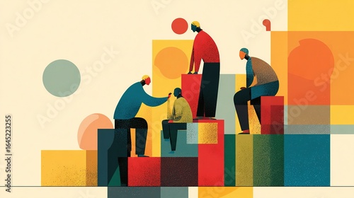 Minimalist flat corporate team collaboration illustration, soft corporate tones and white space design, abstract characters working together to complete a project, clean lines for annual report cover