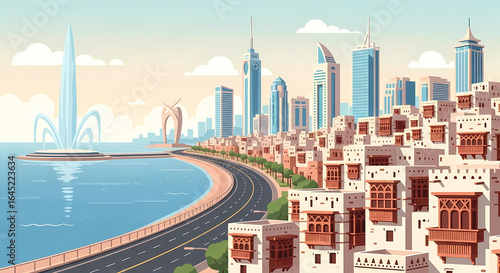 Stylized Jeddah Skyline with Jeddah Corniche in Pastel Flat Vector Illustration Landmark in Pastel Flat Vector Illustration