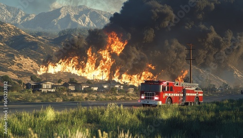 Fire trucks driving on the road, with huge flames burning behind them in the California hills.