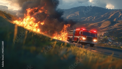 Fire trucks driving on the road, with huge flames burning behind them in the California hills.