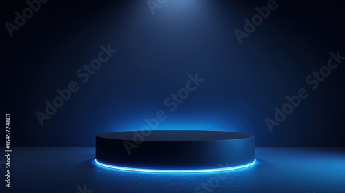Eye-catching photo of background podium 3D light neon blue platform stage product abstract. Scene background 3D podium dark pedestal room glow studio empty stand floor night modern.