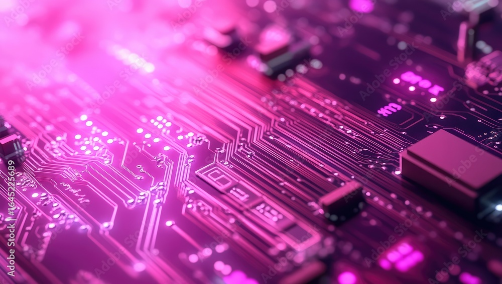 Fototapeta premium Lock on a digital circuit board, a cyber security concept with a pink and purple color theme.