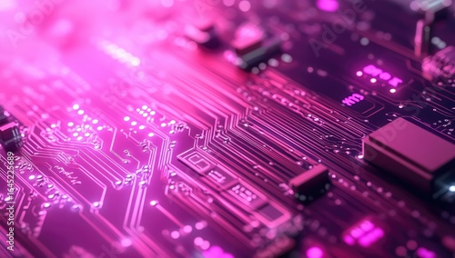 Lock on a digital circuit board, a cyber security concept with a pink and purple color theme.