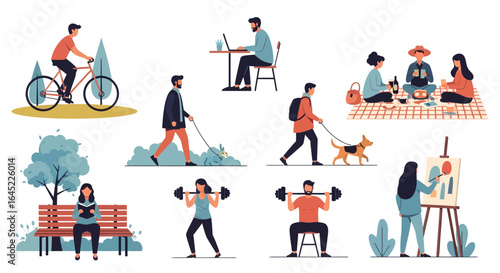 Vector Illustration of People’s Daily Activities in Flat Cartoon Style