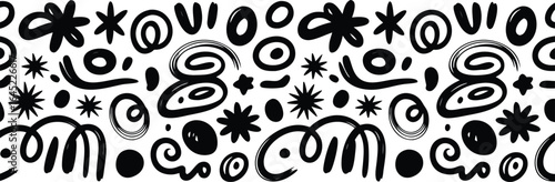 Black and White Abstract Doodle Border with Stars, Circles, and Swirls Pattern