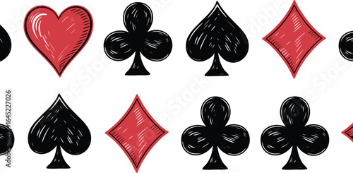 Hand Drawn Playing Card Suits Hearts, Clubs, Spades, and Diamonds Pattern Illustration